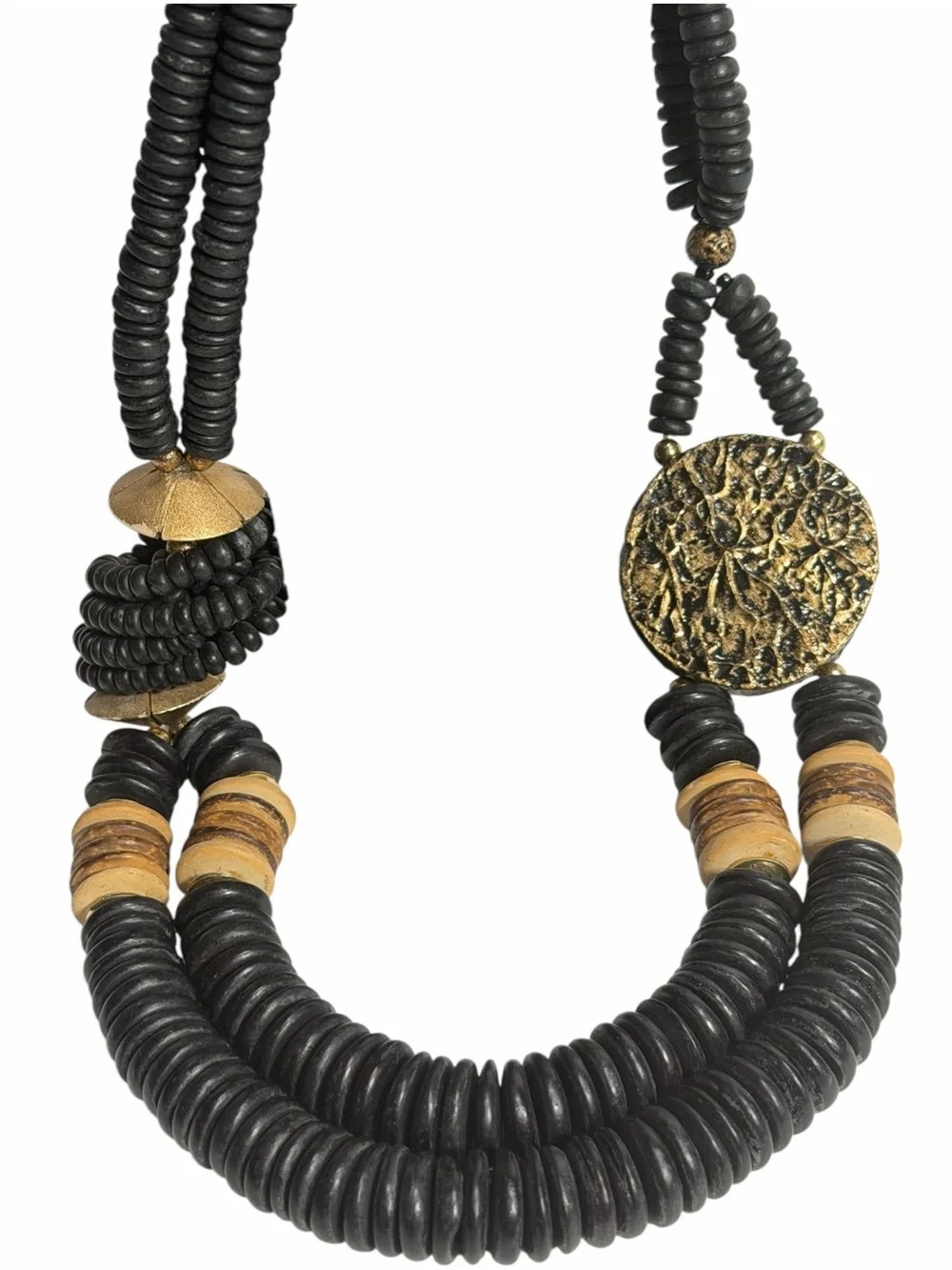 Chunky Boho Black & Gold Statement Necklace Wood Coconut Discs 80s 90s